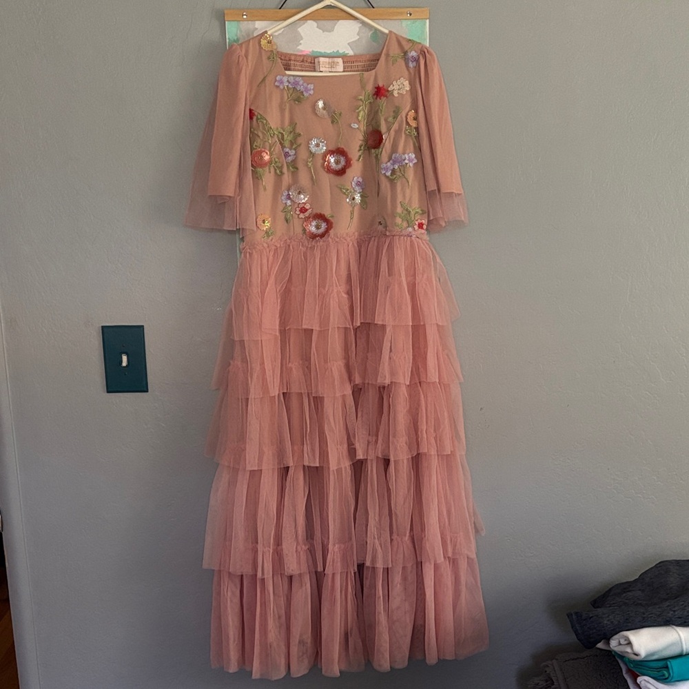 Elegant Pink Floral Embroidered Midi Dress